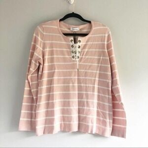 Calvin Klein Pink Striped Lace Up Eyelet Top Size Medium